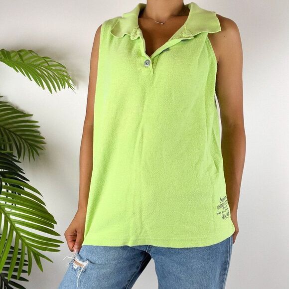 Vintage 80s Retro Green Preppy Casual Sporty Sleeveless Polo Shirt / Size: L - Picture 4 of 6